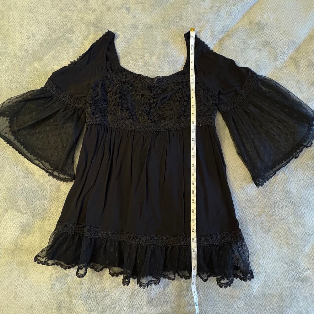 Young Essence Boho Tunic Top/ Mini Dress Black Sz L, Bell Sleeve Cold Shoulder